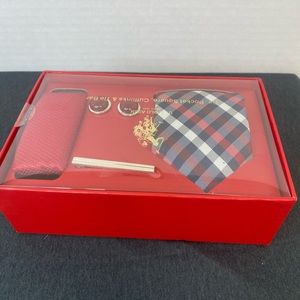 US Polo Assn. Mens Plaid Neck Tie Pocket Round Cufflinks Tie Bar Red Set NEW
